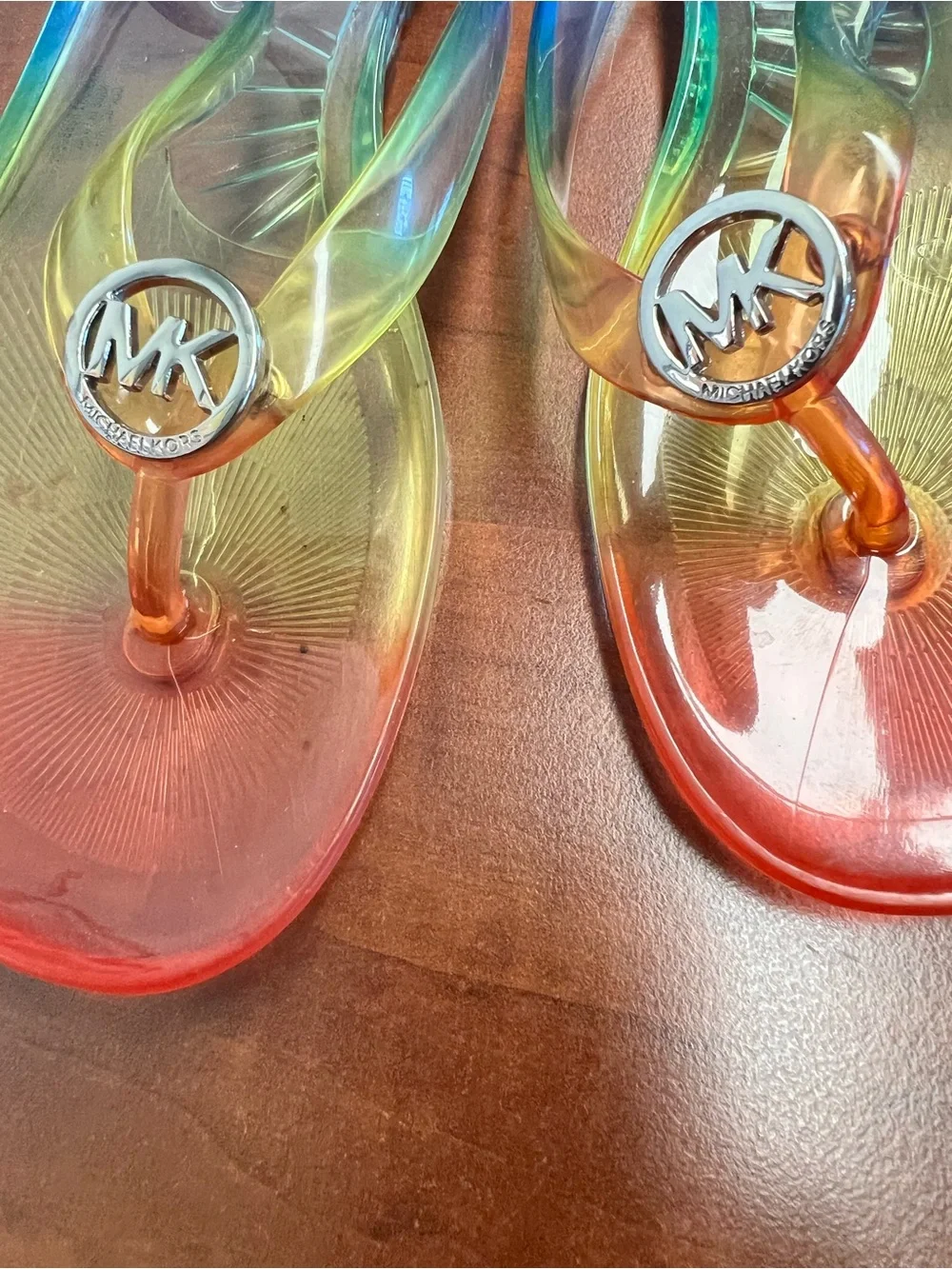Michael Kors Rainbow Gradient Jelly Flip Flops with MK Medallions kids Sz 2